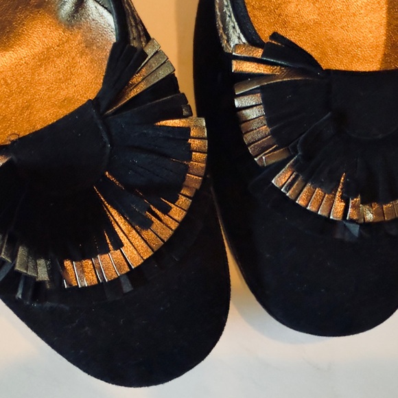 Salvatore Ferragamo Black Suede with Gold detail Heels 8.5 AA - Picture 2 of 10